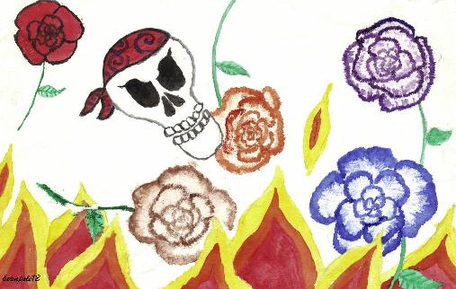 Skull Rose and Flames